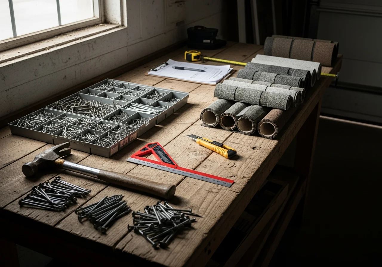 Construction tools and materials organized on a work surface, representing the trades and equipment used in roofing and exterior home repair.