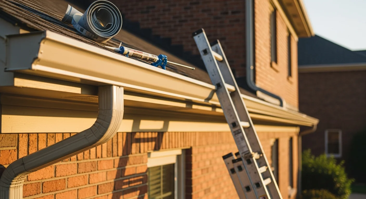New gutter system installed along roofline of residential home