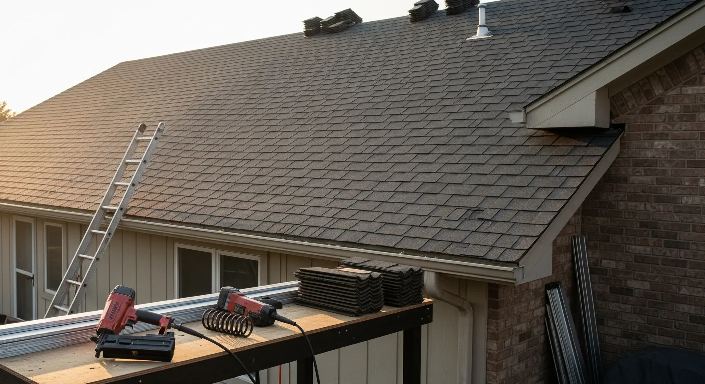 Professional roofer installing new roof shingles on residential home