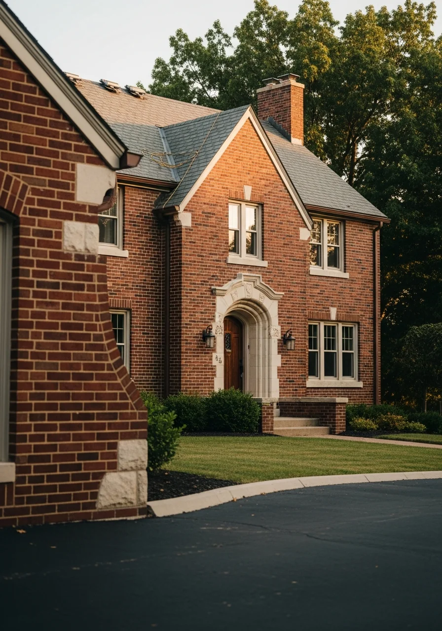 Close-up portrait view of an Independence home's front entrance and facade with local architectural style details.