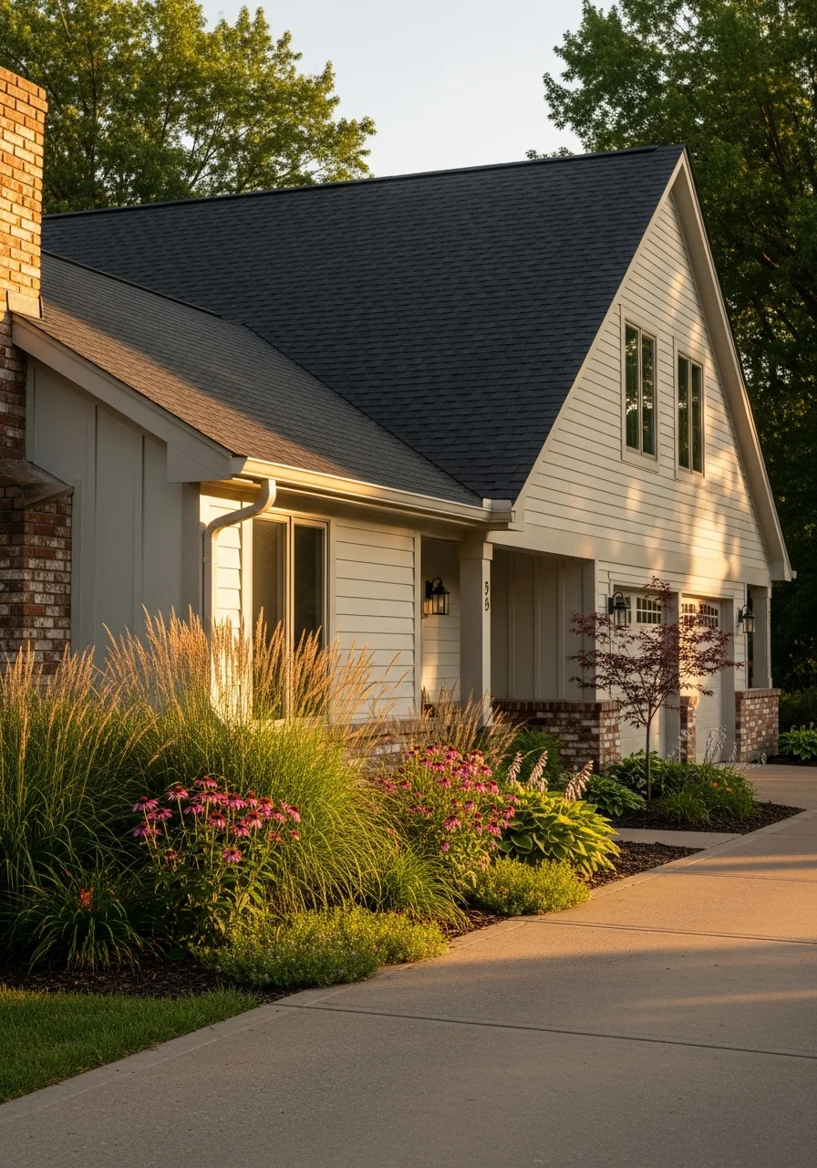 Close-up of a well-maintained residential property in a Kansas City suburb with mature landscaping and clear driveway access.