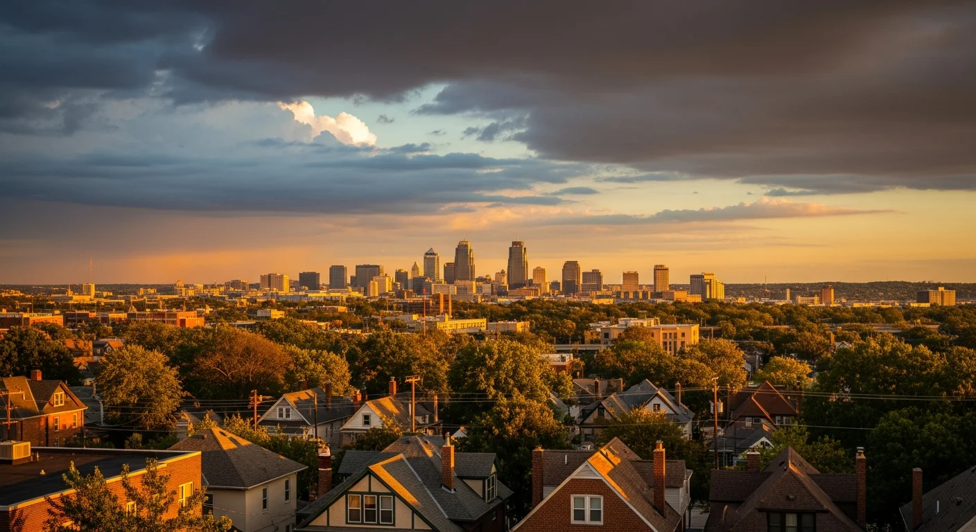 Wide view of Kansas City skyline at dusk with residential neighborhoods in the foreground and downtown towers in the distance.