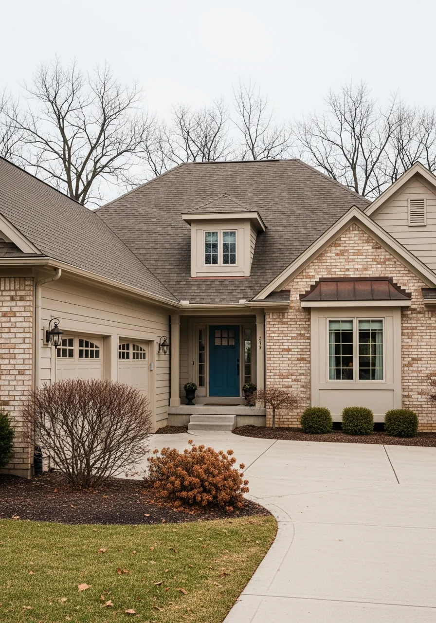 Portrait-style image of an Olathe residential property showing the home's front entrance and landscaping.