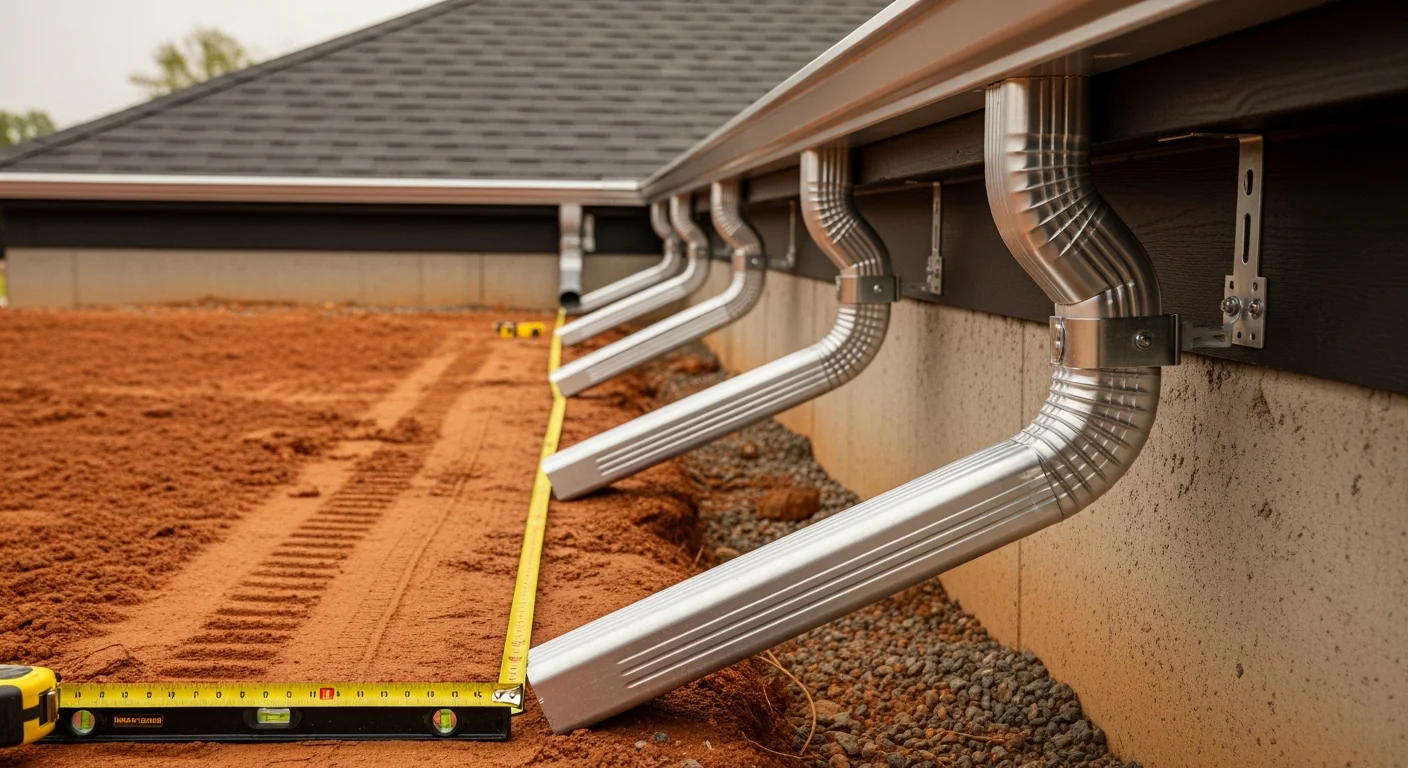 A newly installed downspout on a two-story Kansas City Metro home, routing roof runoff away from the foundation along a brick exterior wall. The downspout terminates at grade level with a splash block positioned on a residential lawn.