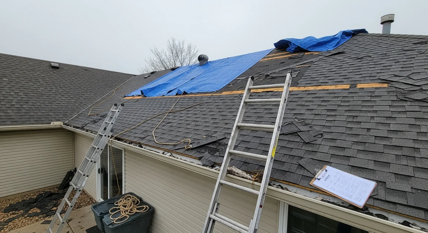 A Kansas City Metro home with storm-damaged shingles and a temporary protective tarp applied to the affected roof section following a severe weather event. A roofing contractor from Norton Construction Consultants inspects the damage from the roofline.