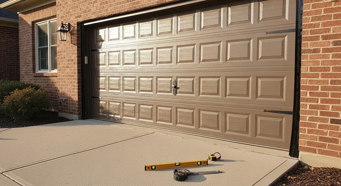 A newly installed residential garage door on a single-family home in the Kansas City Metro, showing a clean fit within the opening and hardware aligned along the side tracks. The exterior of the home reflects a typical Kansas City suburban streetscape with a concrete driveway approach.