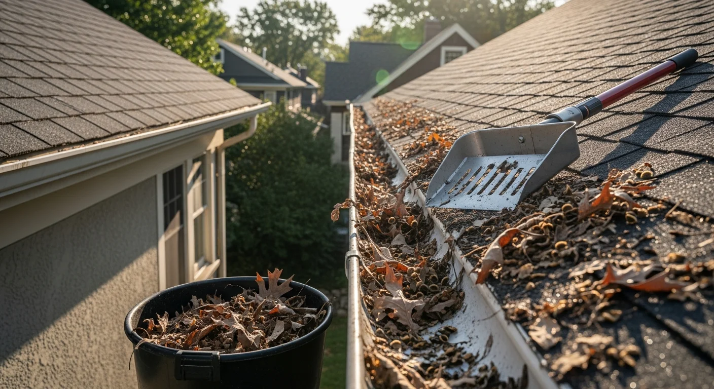 A Norton Construction Consultants crew member removing packed leaf and debris buildup from a residential gutter on a Kansas City Metro home. Cleared downspouts and clean gutter channels are visible along the roofline after service.