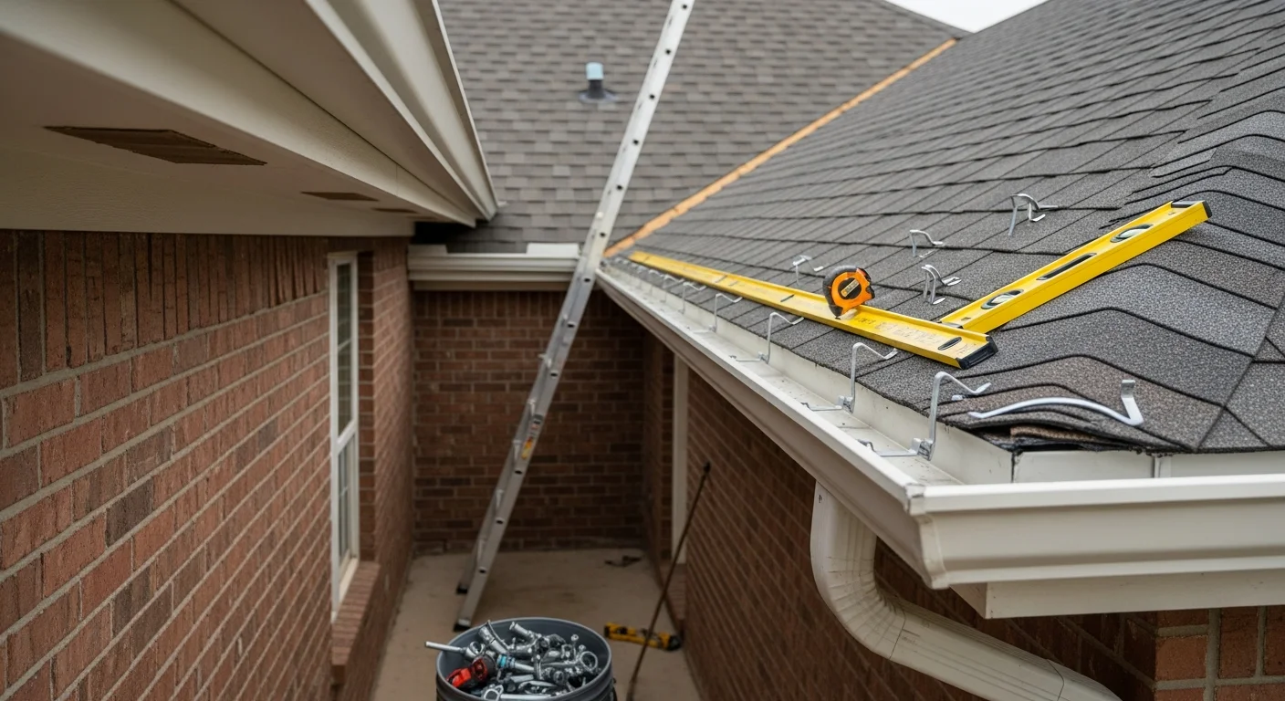 Newly installed seamless gutters and downspouts on a two-story residential home in the Kansas City Metro, with downspouts positioned to direct stormwater away from the foundation. The roofline shows clean gutter runs fitted to the home's fascia against a backdrop typical of the Kansas City area.