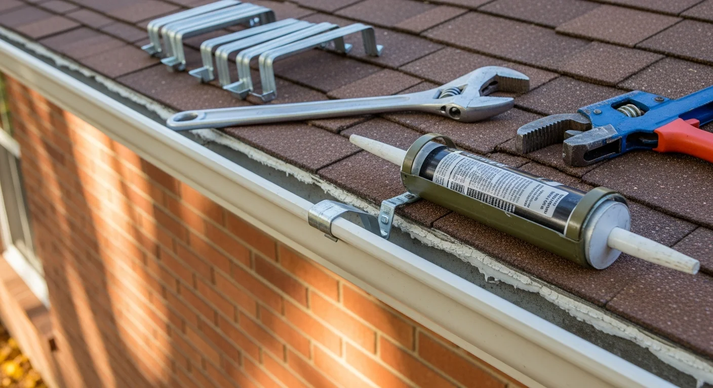 A Norton Construction Consultants technician resealing a leaking gutter seam on a two-story Kansas City Metro home with mature oak trees visible in the background. The repaired section shows clean, properly aligned guttering secured flush against the fascia board.
