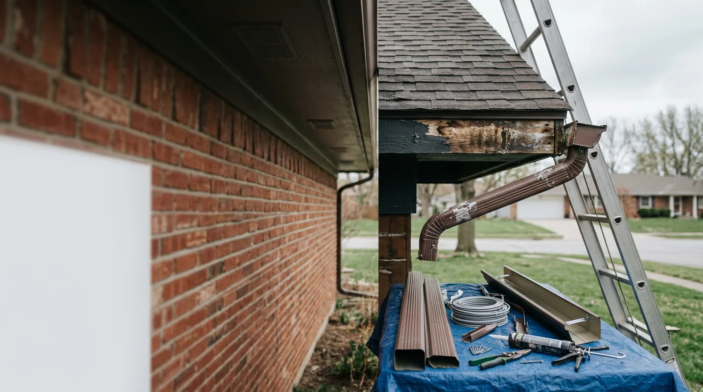 A roofing contractor reattaching a sagging gutter section on a residential home in the Kansas City Metro. The repaired gutter runs cleanly along the roofline with a properly connected downspout directing water away from the foundation.