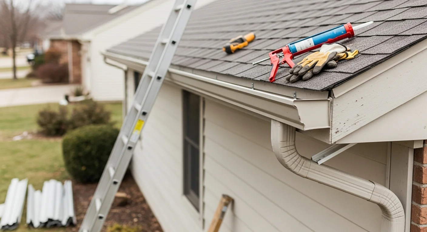 A Kansas City Metro home with a newly installed gutter system running along the full roofline, with downspouts positioned to direct water away from the foundation. The replacement gutters sit flush against clean fascia boards on a two-story residential exterior.