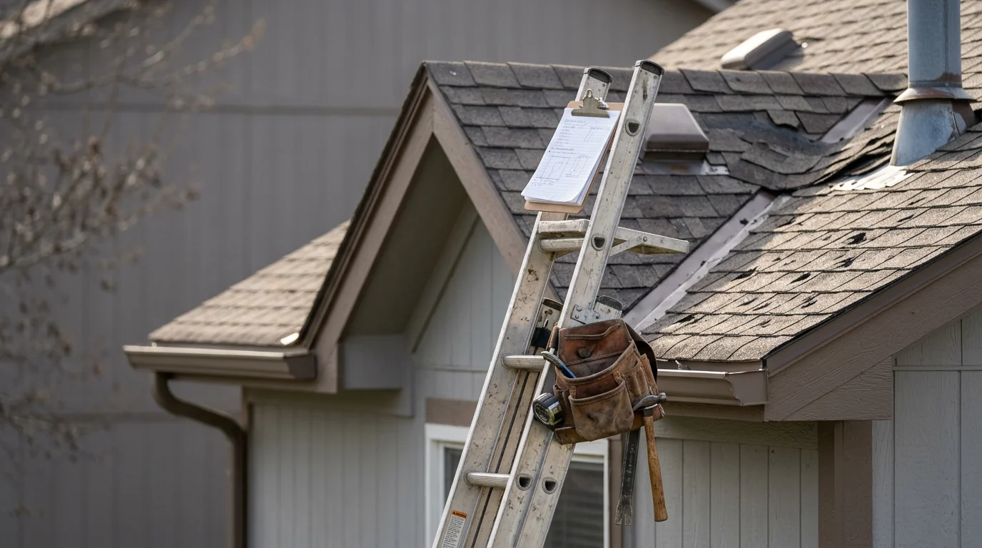 A residential roof in the Kansas City Metro showing repaired shingles and restored flashing after storm damage. Close-up view of the completed repair area against a typical Kansas City neighborhood backdrop.