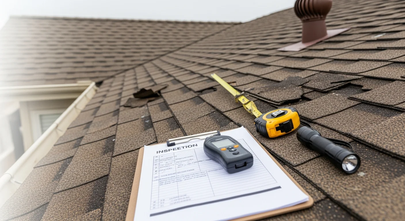 A roofing contractor from Norton Construction Consultants inspecting shingles and flashing on a residential roof in the Kansas City Metro area. Close-up view shows granule wear and flashing condition typical of storm-exposed roofing systems in the region.