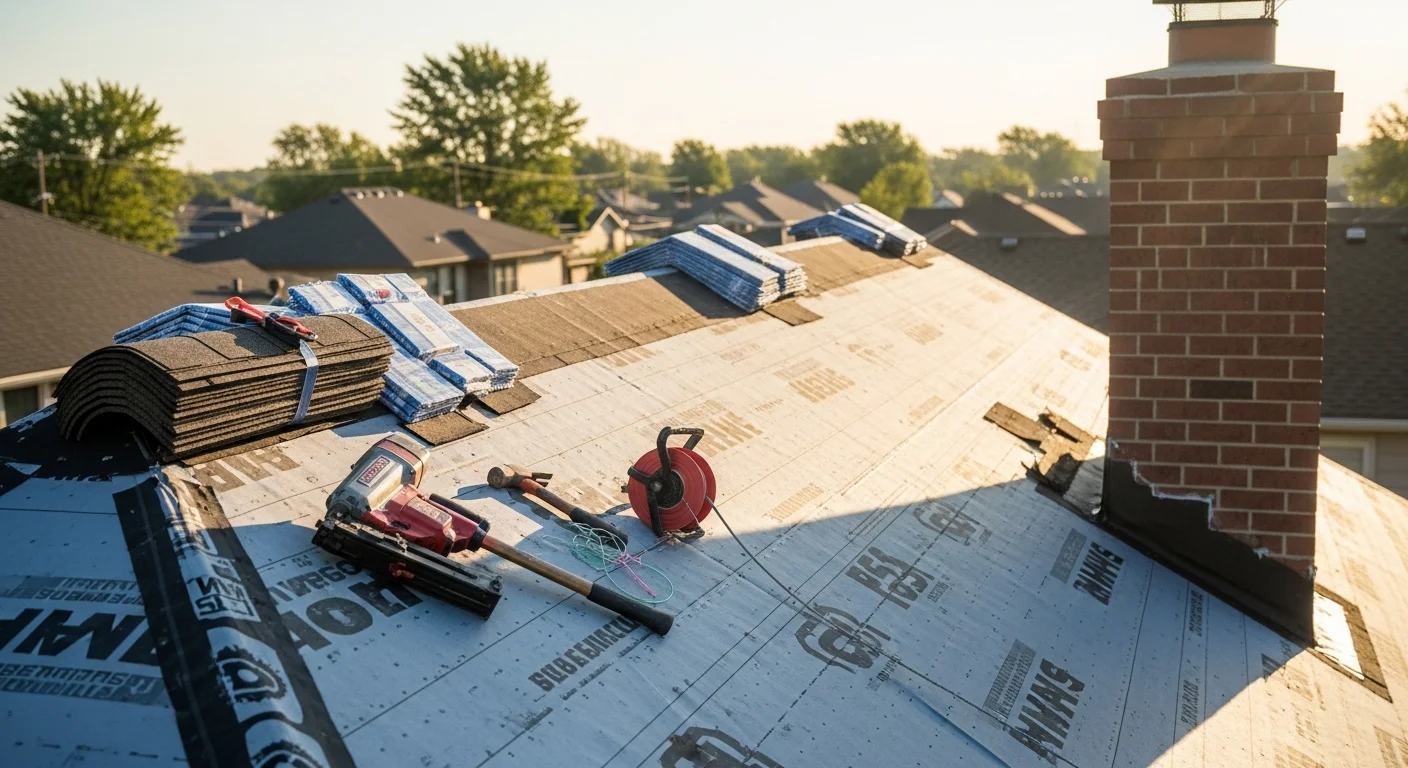 A newly installed residential roof on a Kansas City Metro home, showing clean shingle lines, sealed flashing at the ridge and valleys, and a finished roofline ready for the region's severe weather season.