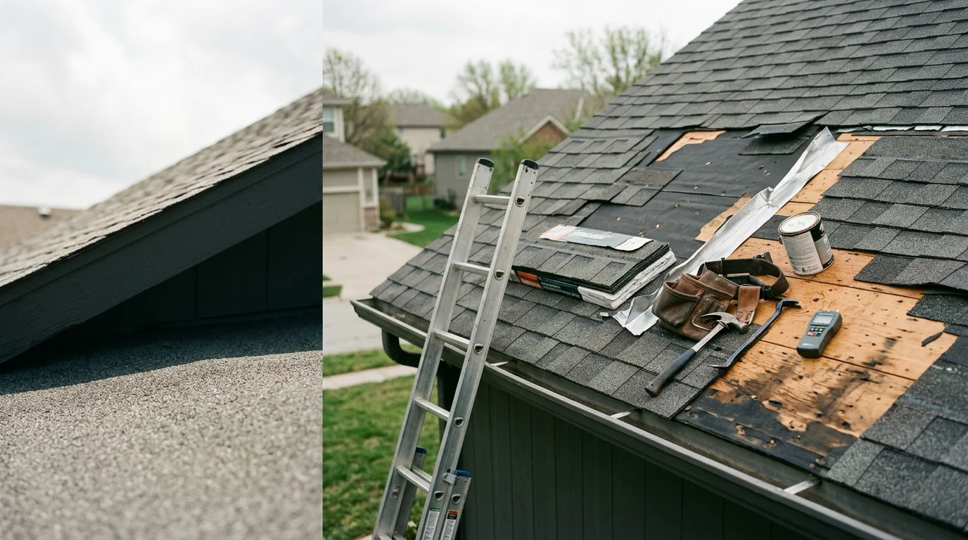 A residential roof in the Kansas City Metro showing lifted and cracked shingles after a wind and hail storm. A roofing contractor inspects the ridge cap and flashing for hidden storm damage.