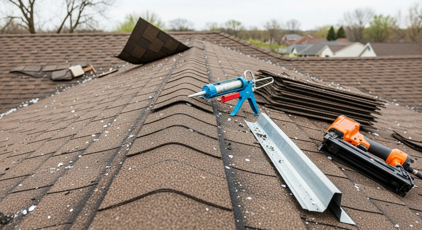 A roofing contractor inspecting shingle and flashing damage on a residential roof in the Kansas City Metro following a hailstorm. Close-up view shows granule loss and lifted shingle edges consistent with high-wind and hail impact.