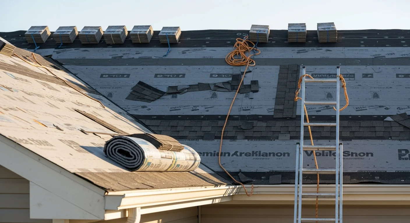 A completed residential roof replacement on a two-story Kansas City Metro home, showing a freshly installed roofing system with clean ridge lines and uniform surface coverage. The surrounding neighborhood reflects typical Midwest residential architecture under partly cloudy skies.