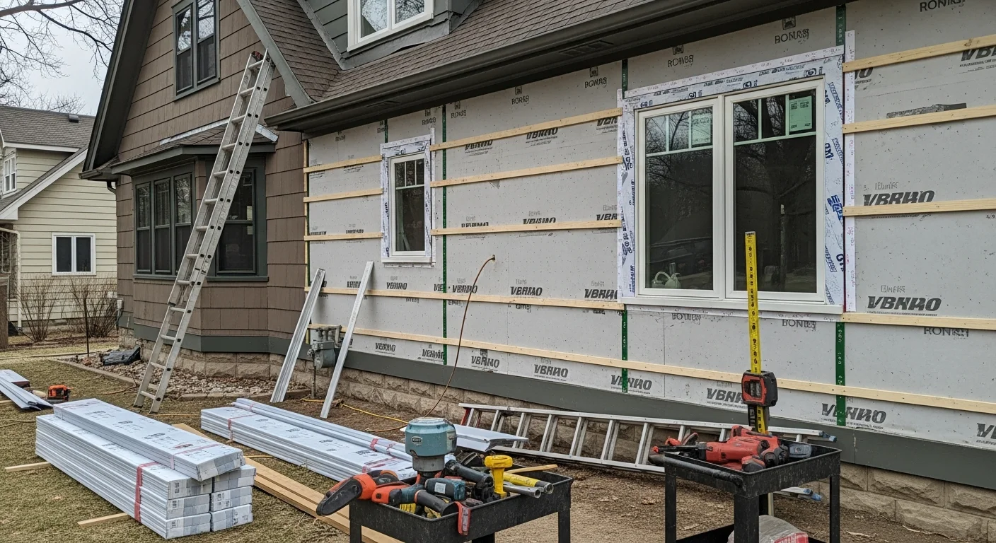 A two-story Kansas City Metro home with freshly installed exterior siding panels, showing clean lines, tight seams, and updated curb appeal on a residential street. Close-up view highlights properly fitted corner trim and flashing detail on a Midwest-style home exterior.