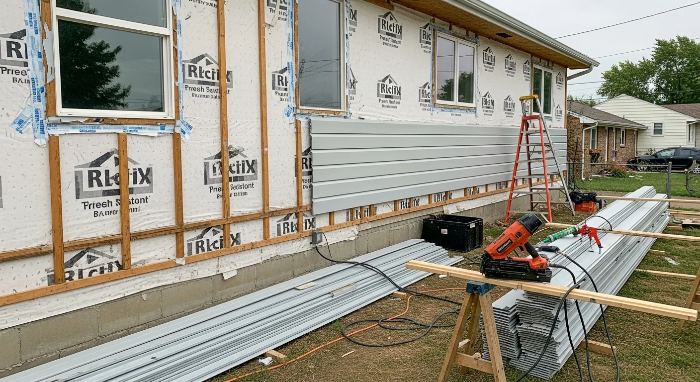 Freshly installed exterior siding on a two-story Kansas City Metro home, showing clean panel lines and updated trim against a residential street backdrop. The completed replacement covers the full front and side elevations with no visible gaps or weathering.