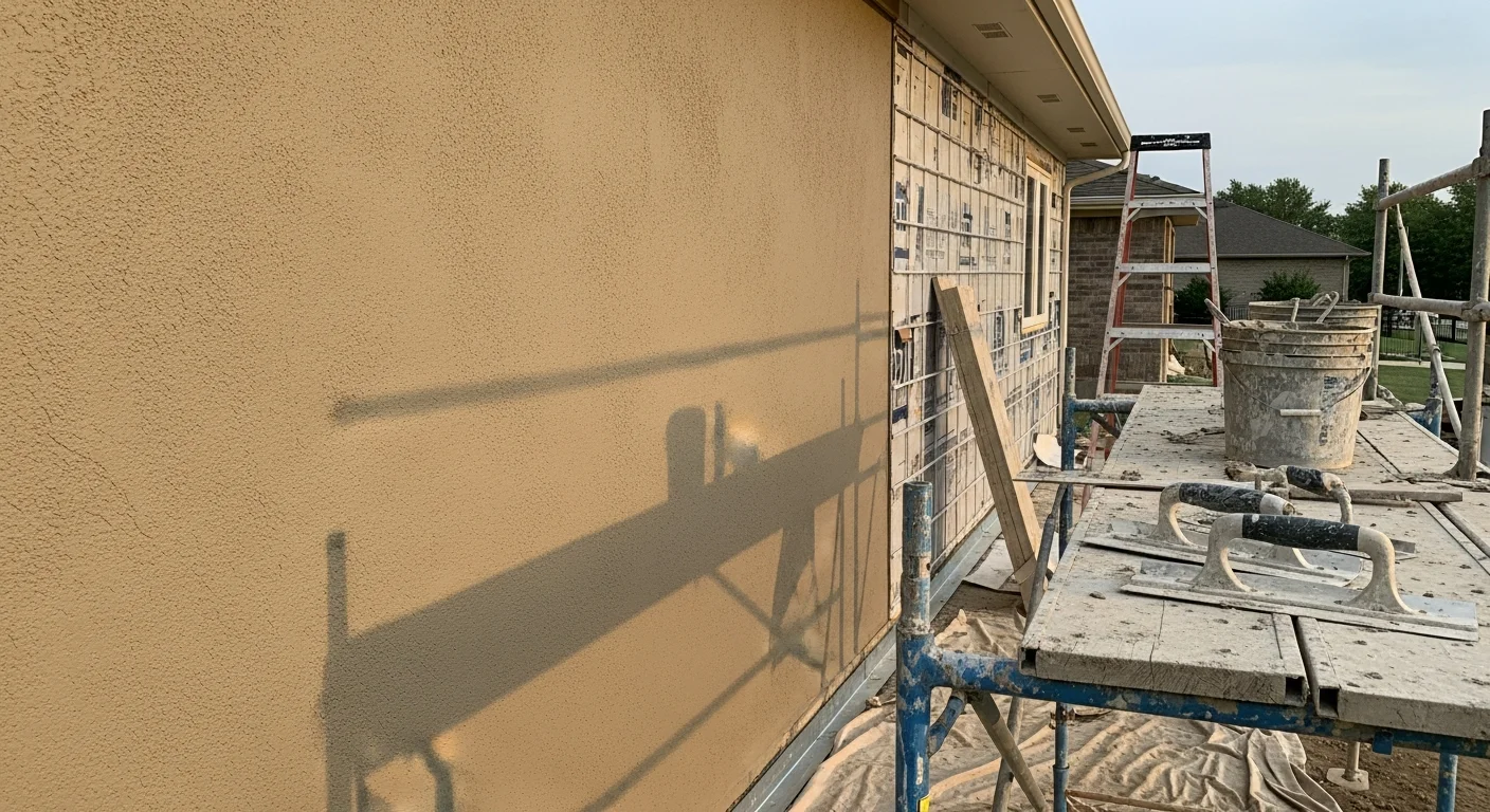 Freshly installed multi-coat stucco exterior on a Kansas City Metro residential property, showing a smooth textured finish coat on a wood-framed wall. Close view reveals clean edges at window trim and consistent surface texture across the facade.