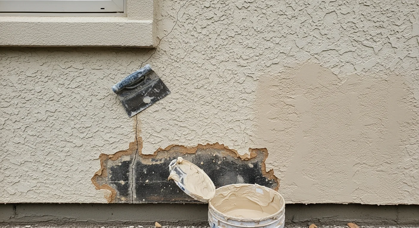 Close-up view of a repaired stucco exterior wall on a Kansas City Metro residential home, showing a smooth, texture-matched finish where cracking and surface damage were previously visible. The repaired section blends with the surrounding original stucco on a single-story home exterior.