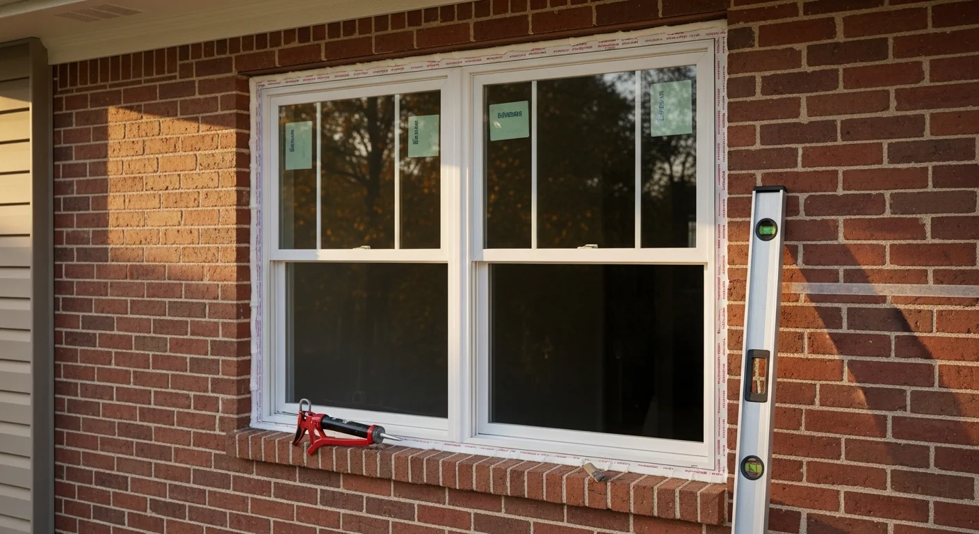 A freshly installed double-hung window on a residential home in the Kansas City Metro, showing clean exterior trim, tight frame seating, and a sealed perimeter against a brick exterior wall. A Norton Construction Consultants crew member performs a final inspection of the window operation and seal line.