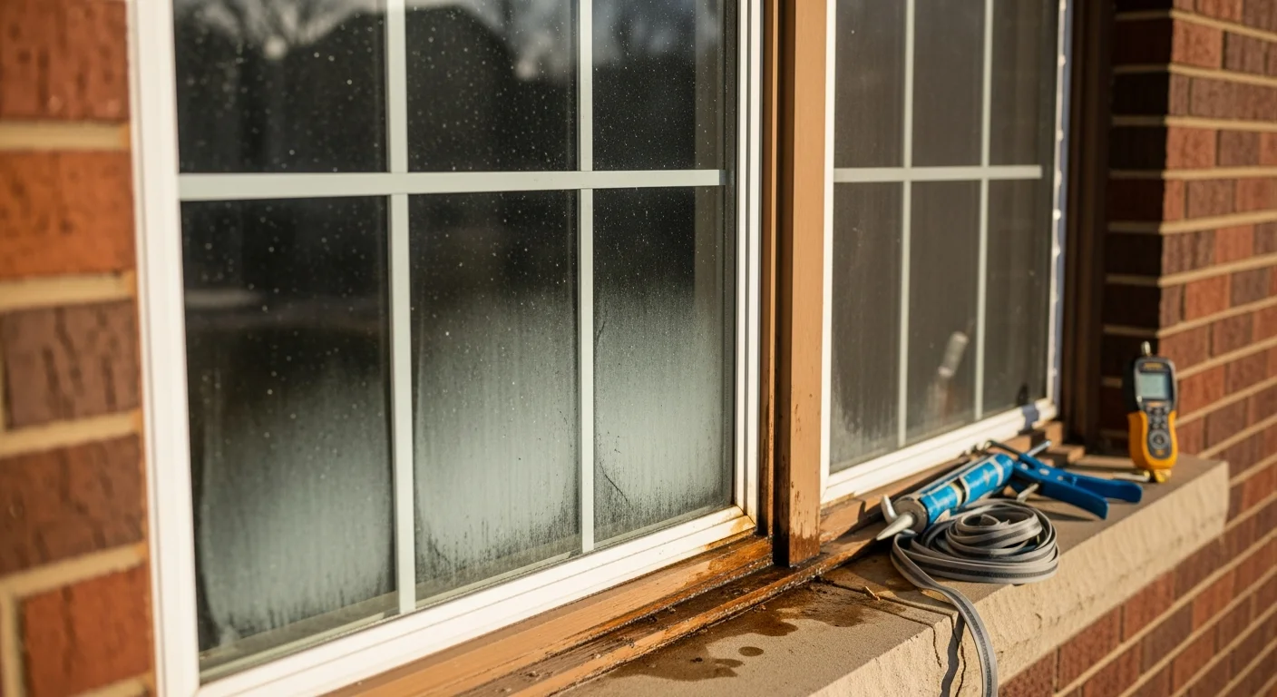 A Kansas City Metro home window showing a freshly repaired wood frame and clear double-pane glass, with no visible fogging or damage at the sill. A contractor inspects the sealed edge of the repaired window unit from the exterior.